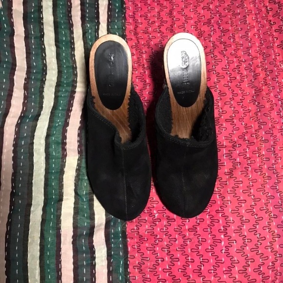 Miu Miu Suede Wood Gold Clogs, Size 38 (7.5-8 US), Approx 4 inch heel - Picture 3 of 4